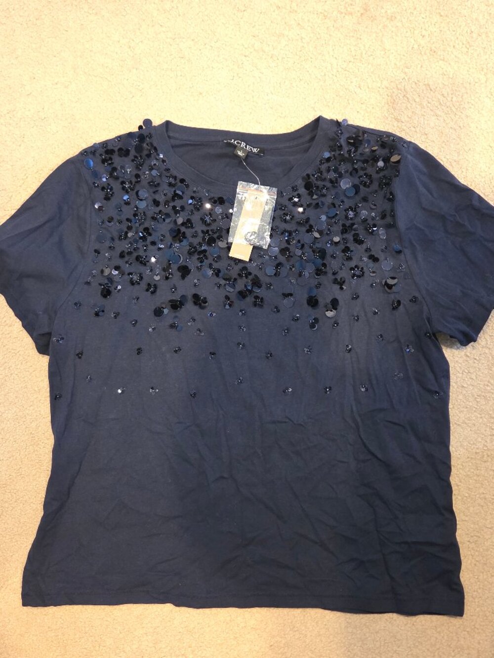 J Crew NWT Blue Navy Sequin Pailette Embellished Tee Top L